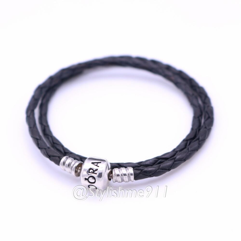 Authentic PANDORA Double Braided Black Leather Bracelet